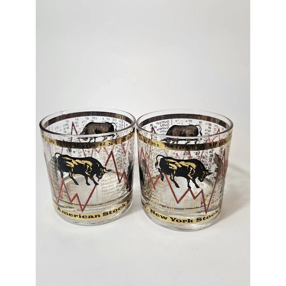 Set of 2 Vintage MCM Hammacher Schlemmer Stock Market Bull/Bear Lowball Glasses